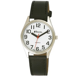 Ravel - Damen superfette Visierhilfebanduhr mit großen Zahlen - schwarz/silbernes Ton/weißes Zifferblatt
