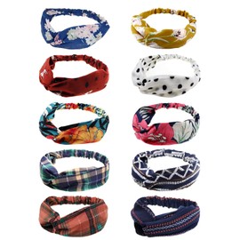 Dreshow Women's Boho Headband, Printed Headbands, Knots, Twisted Elastic Head Wrap, Cute Hair Accessories for Girls, 10 Pieces, 10 Pack B (Dot, Scottish Pattern, Flower, Bohemian), Einheitsgröße