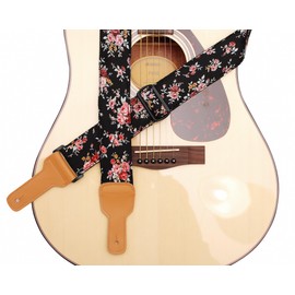 MUSIC FIRST Original Design, 2 inch width (5cm), “Rosa Multiflora in Black” Padded Soft Muslin& Genuine Leather Floral Guitar Strap Electric Guitar Straps