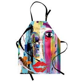 Ambesonne Art Apron, Contemporary Paint Strokes Splashes Face Paint Kiss Graffiti Grunge Creative Theme, Unisex Kitchen Bib with Adjustable Neck for Cooking Gardening, Adult Size, Blue Coral
