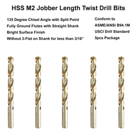 MAXTOOL 5/16" 5PCs Identical Jobber Length Drill Bits HSS M2 Twist Drill Bits Fully Ground Bright Straight Shank with 3-Flat; JBF02W13R20E5