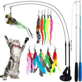 15 Pieza Juguetes para Gatos, Pajaro Juguete Gato, Incluir 2 Varas Teaser de Gato,10 Plumas Cabezas de Reemplazo, 1Juguete para Gatos con Ventosa, 1 Simulación de Pájaro Verde