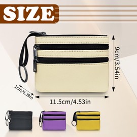 FuninCrea 2 PCS Small Coin Purse with 3 Zipped Pockets and Key Ring for Women, Canvas Small Wallet Mini Change Purse Portable Card Holder Keychain Wallet Coin Pouch for Card Coin Key (Black+Beige)