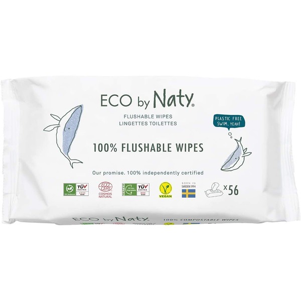 Eco by Naty Flushable Baby Wipes - Compostable and Plant-Based Wipes, Chemical-Free and Hypoallergenic Baby Wipes Safe for Baby Sensitive Skin, 56 Wipes Per Pack (12 Pk)