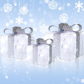 DROFELY Christmas Lighted up Gift Boxes Decoration Set for Outdoor Indoor Display with White LED Lights for Christmas Tree Decor Addition AZ21GF-08