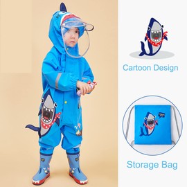 Fewlby - Traje de lluvia ligero e impermeable con capucha para niños pequeños, diseño de tiburón de dibujos animados, chamarra para la lluvia, 6-8 años, talla XL