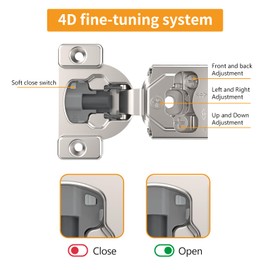 Chibery 4 Pack 3/4" 4D Concealed Hinges for Face Frame Door, Soft Close On/Off Switch, Self Closing, 105° Open Angle Concealed Stainless Steel Hinges for Framed Cabinet, Satin Nickel