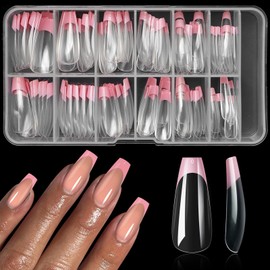 Bellelfin Pink French Tip Press on nails Long Coffin Fake Nails, 120PCS Coffin Nail Tips Long French Tip Nails, Clear Acrylic Nail Press on Full Cover False Nail