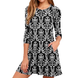 VIISHOW Womens Round Neck Floral Print 3/4 Sleeves A-line Casual Tshirt Dresses with Pocket(Flower Black White,X-Large)