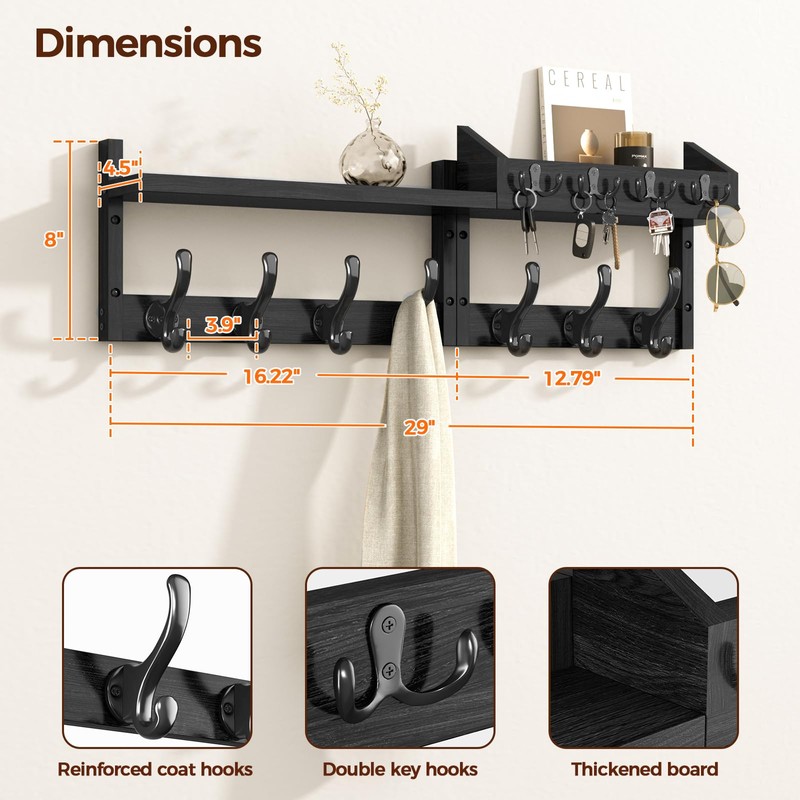 Evermagin 29" Coat Rack Wall Mount with Shelf, 4 in