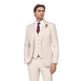 Linen Summer Suit for Men Beige 3-Piece Suits Wedding Business Prom Party Outfit Set