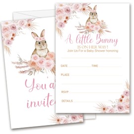 A Little Bunny Easter Party Invitations, Set of 25 Spring Pink Floral Easter Brunch Invite Card with Envelopes, Easter Party Decorations & Supplies-YQK01