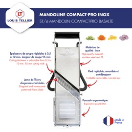 LOUIS TELLIER - Compact-PRO Professional Stainless Steel Mandoline with Pusher and Ergonomic Stand - Includes 2 Julienne Blades (0.16 in & 0.4 in)