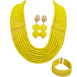 aczuv 8 Lines Statement Strand Necklaces Nigerian Wedding African Beads Jewelry Set Crystal Bridal Jewelry Sets (Opaque Yellow Yellow)