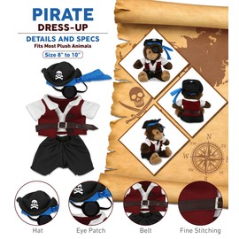 DolliBu Pirate Stuffed Animal Dress Up Costume Set - Pirate Shirt Belt Vest, Pants, Skull Pirate Hat, Eye Patch, Cute Teddy Bear Outfit - Large for 8 to 10 Inch Plush Toys