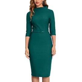 MUXXN Women's Deep Green 50s Vintage Crew Neck High Waist Evening Gown Dress (Dark Green XXL)