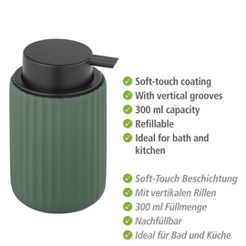 WENKO Belluno Liquid Soap Dispenser, Refillable Soap Dispenser Made of High-Quality Ceramic, Soap Dispenser with Modern Groove Structure, Soft Touch, Matt Green/Black, Diameter 8 x 13.5 cm, 300 ml