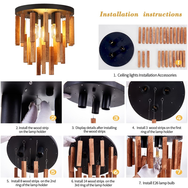 MOUJOE Wood Ceiling Light Fixture 3-Light Semi Flush Mount Light