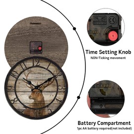 TIANCENTRAL H Wood Deer Clocks for Living Room Round Silent Wall Clock Vintage Decoration Time Clocks Home Kitchen School Office Wall Clocks Battery Operated by 12 inches