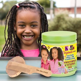 Kids Olive Oil Hair Conditioning Smoothing Styling Gel, Soft Hold For Delicate Hair, Tames Frizz, Alcohol-Free, Natural Ingredients, Bundle With Wooden Comb [Pack Of 3]