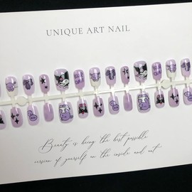 24Pcs Purple Press on Nails Short Round Fake Nails with Glue Cute Cartoon Design Acrylic Nails Stick on Nails for Women DIY Party Nail Decoration