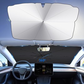 Windshield Car Umbrella Sun Shade for Most Vehicles, 2024 Upgraded Car Sunshade Cover with Anti-Scratch Handle, Full UV Protection 55"x31" with Rearview Mirror Cutout, Black