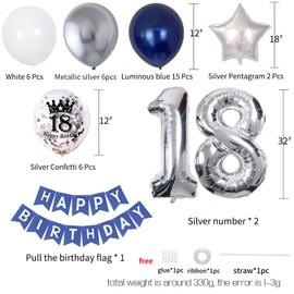 18th Birthday Decorations for Boys And Girls, 18th Birthday Party Supplies with HAPPY BIRTHDAY Banner and Number 18 Balloons, Silver Navy Blue Theme Party for Her Him 18 Years Old Birthday Decorations