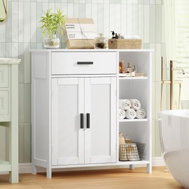 FIONESO Bathroom Cabinet, Storage Cabinet with 2 Doors and 3 Shelves, Coffee Bar Cabinet, Floor Cabinet, for Bathroom/Entryway/Living Room, White