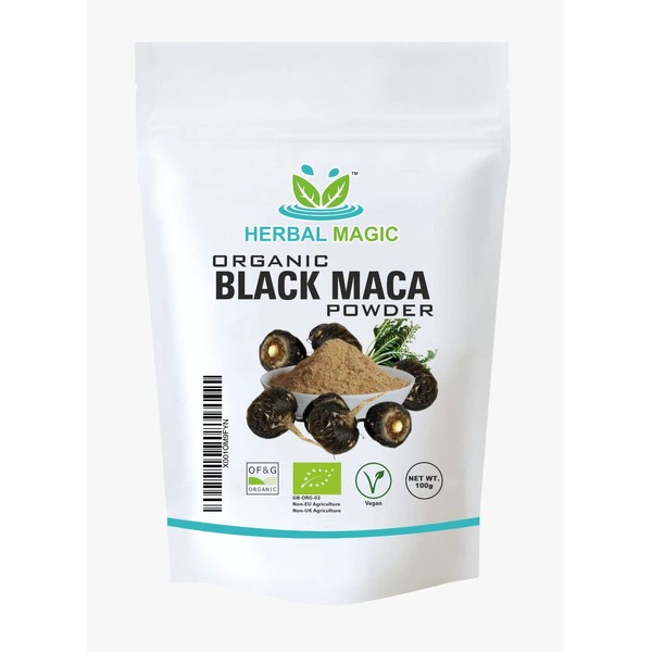 Herbal Magic Organic Black Maca Root Powder- Sparkle Your Smoothies, Milkshakes, Recipes- Naturally Sweet & nutritive - Free from Fillers & preservatives-100g