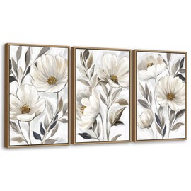 yearainn Floral Framed Wall Art - Beige White Flower Canvas Pictures Wall Decor Modern Blossom Painting Artwork Elegant Botanical Prints Living Room Home Decor Natural Wood Frame 24 x 16in * 3