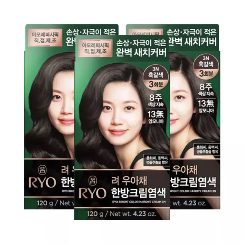 Ryo 려 우아채 새치크림 염색약 3N 흑갈색 3개 Lyo Uhacha