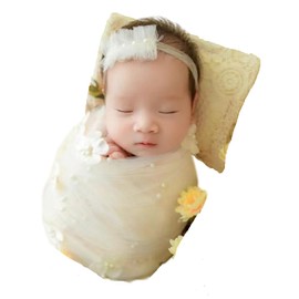 Newborn Photography Props Mat Monthly Boy Girls Photo Shoot Costume Handmade Pearl Wrap Blanket Headress Newborn Photography Wrap (creamy-white)