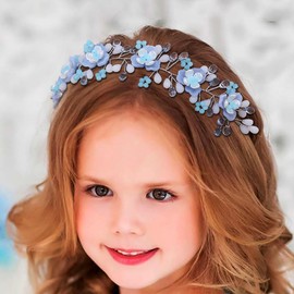 IYOU Flower Girl Headband Blue Flowers Princess Crystal Communion Bridal Wedding Hair Accessories for Girls