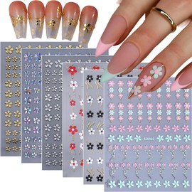 Tyuimhx 6 Sheets Flowers Nail Art Stickers Decals 3D Self- Adhesive Floral with Gold Line Designs Nail Sticker Daisy Nail Decals Colorful Nail Supplies for Women Girls DIY Manicure Decorations