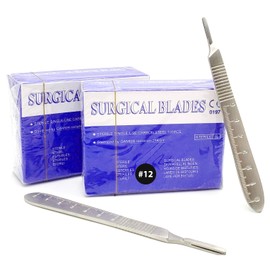 MuskalMed 200PCs Dental Grade Stainless Steel Sterile Blades #12 with Free 2 Graduated Scalpel Handle #3 Sizes Individually Wrapped High Carbon Steel Dermablade Blades