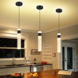 IDEQUY Modern Mini Crystal Pendant Light for Kitchen Island Bedroom Bedside Hanging Ceiling Lamp with Crystal Bubble Column, LED Dimmable 3000k-6000k Independent 1-Light Black