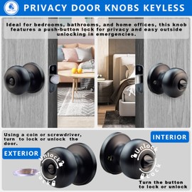 HADE LION Privacy Black Door Knobs Keyless - Stainless Steel Matte Black Finish, Powder-Coated for Bedroom/Bathroom, Interior/Exterior, Easy Install (1-Pack)
