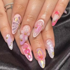 Medium Press on Nails Almond Fake Nails with 5D Rhinestone Flower Charm Design Glossy Pink Flower Nails Press Ons Ombre Pink White Glue on Nails Full Cover Purple Stick on Nails for Women 24Pcs