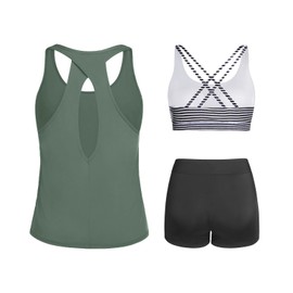 Tempt Me Army Green Stripe 3 Piece Tankini Swimsuits for Women Athletic Bathing Suits Swim Tank Top with Boy Shorts and Bra Modest Swimwear S