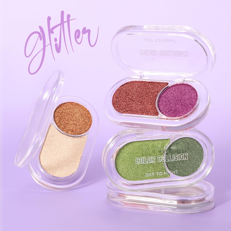 BEUKING Glitter Eyeshadow, Long Lasting Two-tone Powder Palette Shimmer Metal