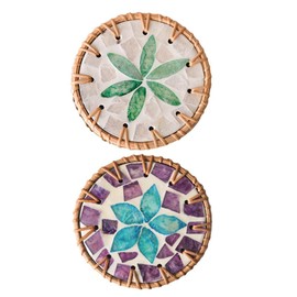 2pcs Decorative Boho Coaster 10cm Rattan Shell Cup Mat Colorful Coasters for Summer Party, Coffee Table Decoration