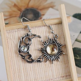 Retro Sun Moon Earrings & Necklace Moonstone Asymmetric Boho style Earrings for Women Jewelry-Earrings & Necklace B