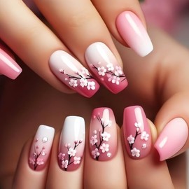 24 Pcs Flower Press on Nails Medium Square Pink White Gradient Fake Nails with Design Peach Blossom Fake Nails Glue on Nails Spring Summer Floral Artificial Nails for Women Girl Nail Decoration