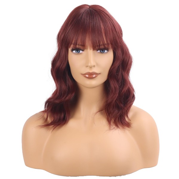 Short Wine Red Wavy Bob Wig with Bangs Burgundy Curly