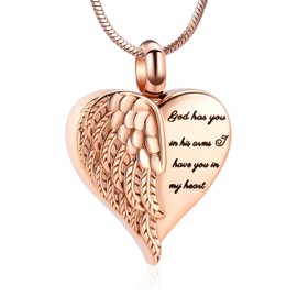 Minicremation Cremation Jewelry for Ashes Heart Urn Necklace Pendants Ashes for Women Men Keepsake Memorial Angel Wing with Charm Heart for Loved Ones (Rose Gold-God)