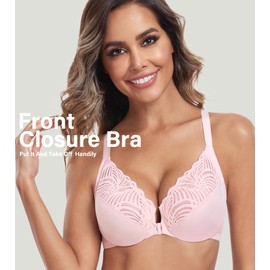 HACI Women's Front Closure Bra Underwire Unpadded T-Back Plus Size Lacy Full Coverage Racerback T-Shirt Unlined(Pink,40G)