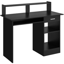 Yaheetech Home Office Wood Computer Desk with Drawers and Pull-Out Keyboard Tray, Study Writing Desk PC Laptop Table with Hutch and Storage Shelves, Modern Workstation, Black