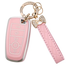 JAMCARI for Ford Key Fob Cover with Keychain, Soft TPU Key Case Shell for F150 F250 F350 Mustang Bronco Explorer Escape Edge Expedition Maverick Ranger Lincoln Smart Remote Key(Pink)
