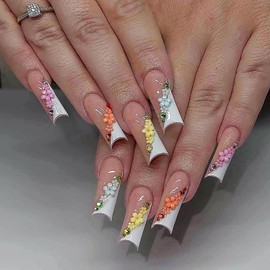 Ohhmisis Long Press on Nails French, Rhinestone Fake Nails with Nail Glue, 3D Flower False Nails Glue on Nails for Women 24 Pcs