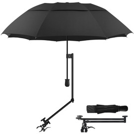 DUOUPA Adjustable Sun Umbrella with Clamp Clip UPF 50+ Portable Folding Umbrella for Patio, Beach Chairs, Camping, Wheelchair Manual Open & Close (Black 43″/Type A)